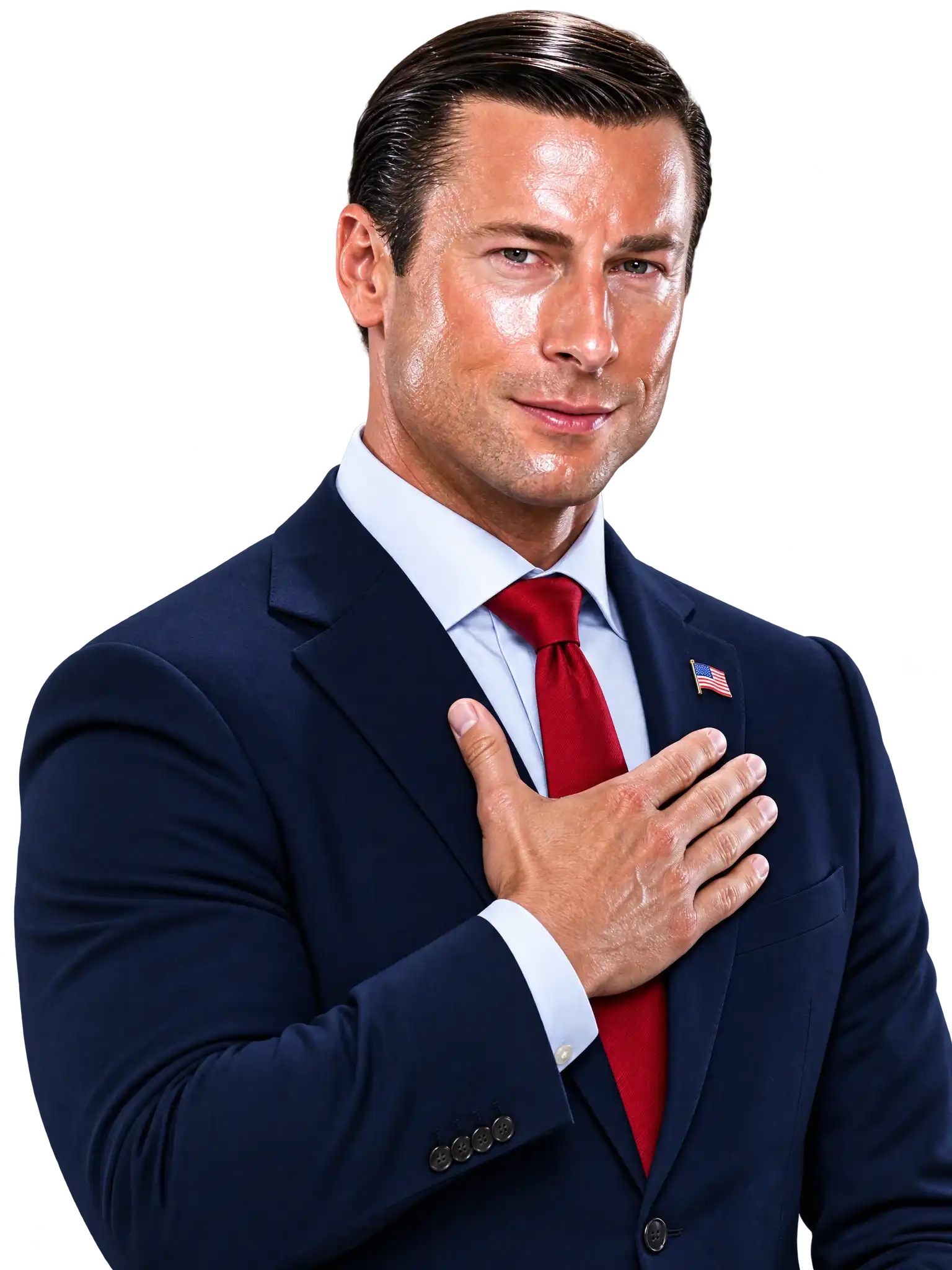John Politics with his hand over his heart, looking toward the viewer.