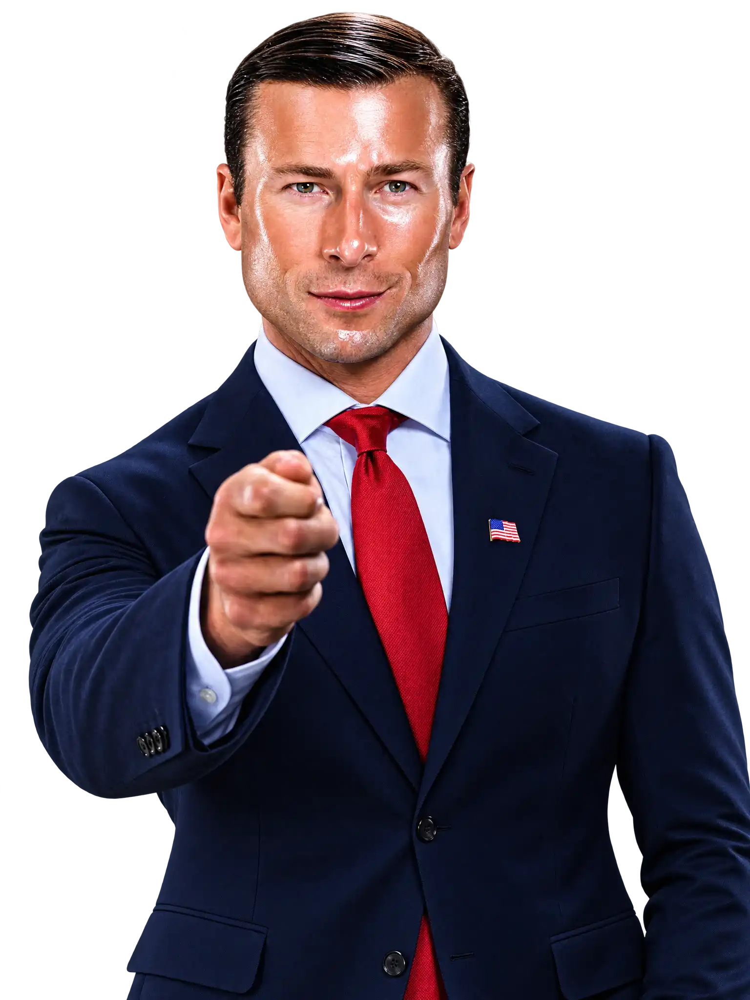 John Politics in a navy suit, pointing toward the viewer.